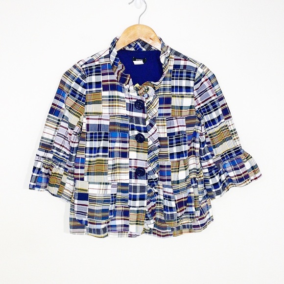 J. Crew Jackets & Blazers - J.CREW Plaid Patchwork Blazer Cropped Button Front 3/4 Sleeves, Pockets Size 2